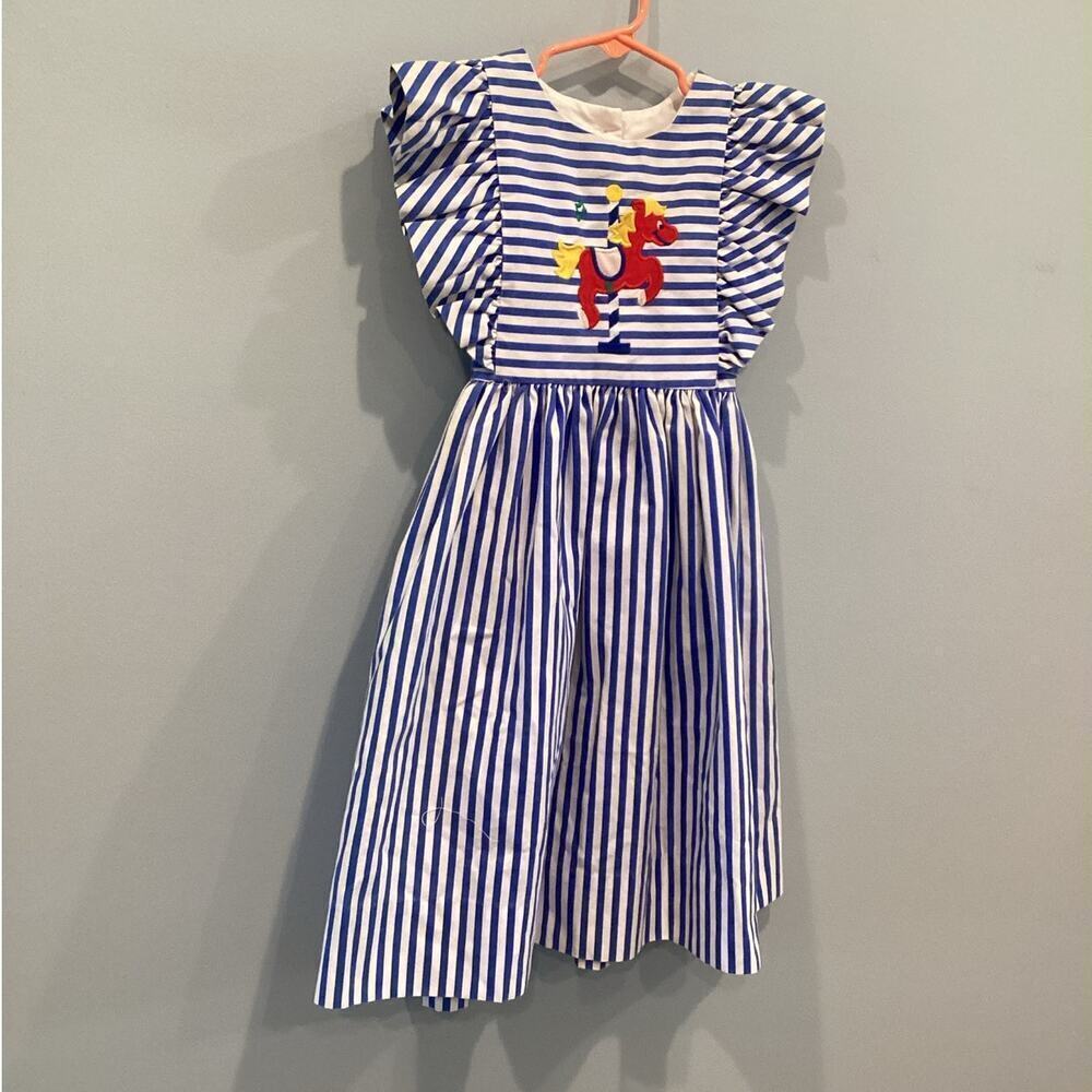 Vintage Fast Friends Girls Dress Size 5 Carousel Fair Navy‎ Blue Striped Preppy